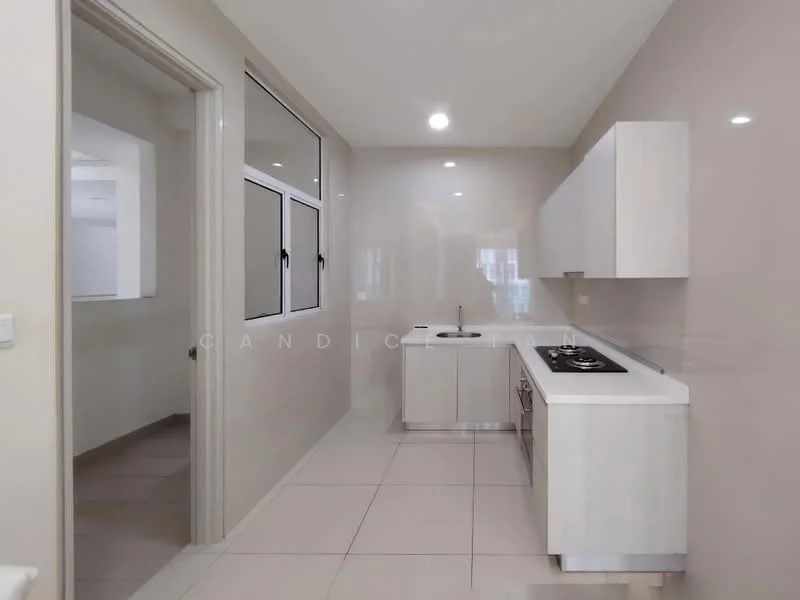 Kitchen features: white cabinetry, single-bowl stainless-steel sink, chrome pull-down faucet, 4-burner gas hob, built-in oven, white tiled backsplash, light-colored countertop, ceramic tile flooring, recessed downlights, floor-to-ceiling windows, neutral painted walls; style: modern. Room features: neutral painted walls, ceramic tile flooring.