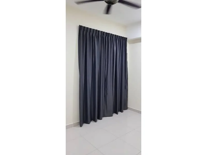 Room features: grey curtains, white painted walls, glossy tile flooring, ceiling fan.