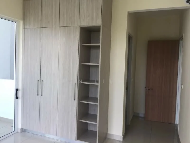 Room features: built-in wardrobe with sliding doors, open shelving, light-colored wood finish, neutral wall color, tile flooring, doorway leading to another room, large window with sliding door, corner of the room visible; style: modern.