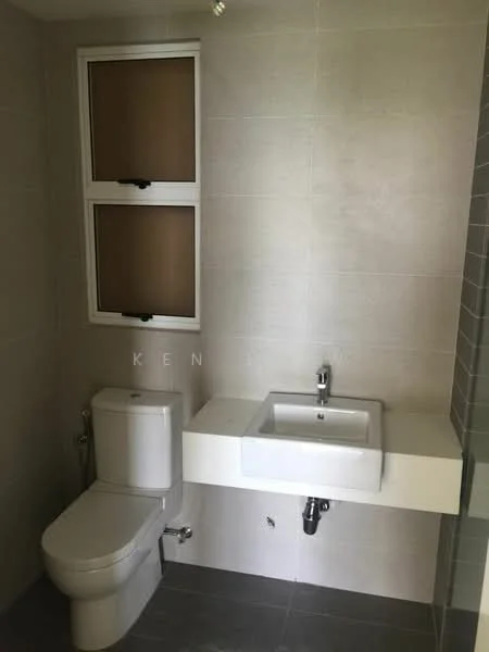Bathroom features: white ceramic toilet, wall-mounted sink, chrome basin mixer faucet, grey tile flooring, light grey wall tiles, two small windows, minimalist design, floating vanity; style: modern.