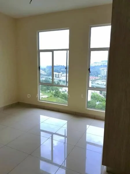 Room features: cream painted walls, glossy ceramic tile flooring, floor-to-ceiling windows, city view, natural light from windows, no visible furniture, neutral color scheme; style: modern; view: city.