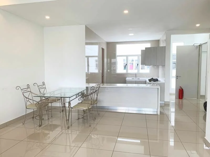 Dining features: glass dining table, metal dining chairs, white walls, tile flooring, recessed downlights, large window with natural light, open layout to kitchen, countertop with bar seating; style: modern. Kitchen features: white cabinetry, stainless-steel sink, countertop with integrated appliances, large window, tile flooring; style: modern.