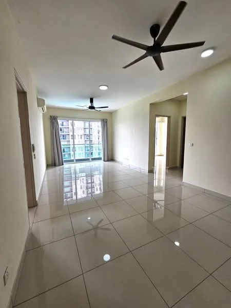 Living features: white painted walls, glossy ceramic tile flooring, 2 ceiling fans, floor-to-ceiling windows, sheer curtains, recessed downlights, sliding glass door, neutral color scheme; style: modern; view: city.