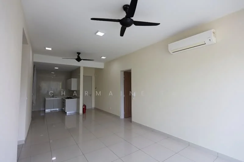 Living features: white painted walls, glossy ceramic tile flooring, 2 ceiling fans, 1 wall-mounted split AC, recessed downlights, open layout, fire extinguisher, door leading to kitchen area; style: modern.