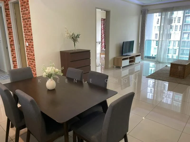 Dining features: 6-seater dining table, upholstered dining chairs, brick accent wall, white painted walls, glossy tile flooring, decorative vase with flowers, sideboard cabinet, large windows with sheer curtains, area rug, wall-mounted TV, coffee table; style: modern; view: city. Living features: large windows, glossy tile flooring, wall-mounted TV, sofa, coffee table; style: modern; view: city.