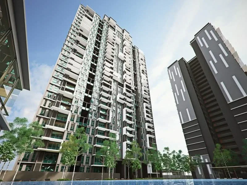 Exterior type: high-rise condominium; features: glass curtain wall, white painted facade, projecting balconies, manicured lawn, surrounded by trees, swimming pool in foreground, modern architectural design, multiple storeys, urban context; style: modern.