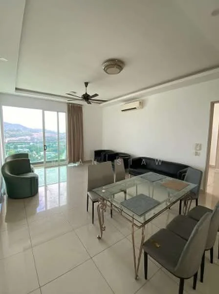 Living features: white painted walls, glossy tile flooring, 5-blade ceiling fan with light, recessed downlights, floor-to-ceiling windows, sliding glass door, curtains, glass dining table with metal legs, 6 upholstered dining chairs, 2-seater fabric sofa in green, 3-seater fabric sofa in dark grey, air conditioning unit; style: modern; view: mountain.