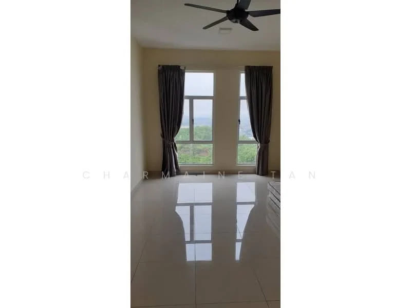 Room features: large floor-to-ceiling windows, grey curtains, white painted walls, glossy tile flooring, ceiling fan, view of greenery; style: modern; view: garden.