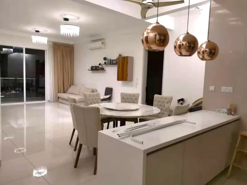 Living features: floor-to-ceiling windows, cream painted walls, white ceiling with recessed downlights, 5-blade ceiling fan with light, chandelier, marble tile flooring, light grey fabric sofa, round dining table with white marble top, upholstered dining chairs in beige, wooden wall-mounted shelf, decorative wall art, curtains, open kitchen layout, kitchen island with white countertop; style: modern; view: city.