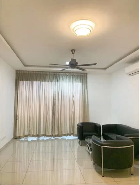 Living features: white painted walls, glossy tile flooring, 5-blade ceiling fan with light, recessed ceiling lights, floor-to-ceiling windows, sheer curtains, black leather sofa set, coffee table; style: modern.