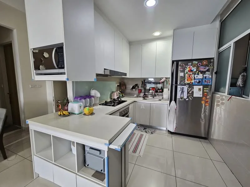 Kitchen features: white cabinetry, stainless-steel appliances, built-in microwave, freestanding range oven, stainless-steel fridge, single-bowl stainless-steel sink, chrome pull-down faucet, quartz countertop, tile backsplash, recessed downlights, ceramic tile flooring, open shelving, kitchen island with storage; style: modern.