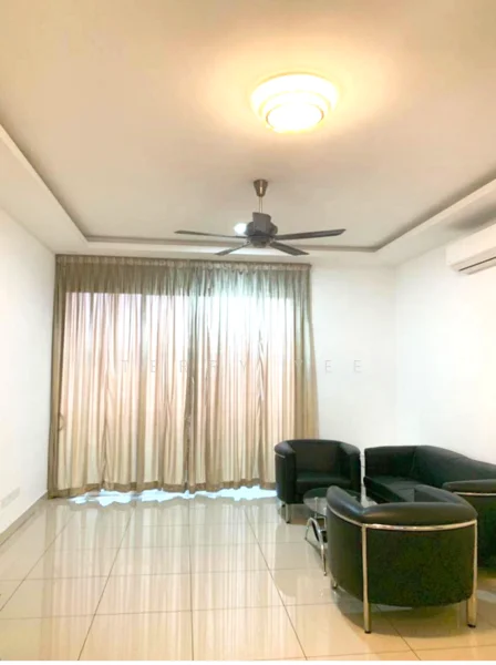 Living features: white painted walls, glossy tile flooring, 5-blade ceiling fan with light, recessed ceiling lights, floor-to-ceiling windows with sheer curtains, black leather armchairs, glass coffee table, air conditioning unit; style: modern.