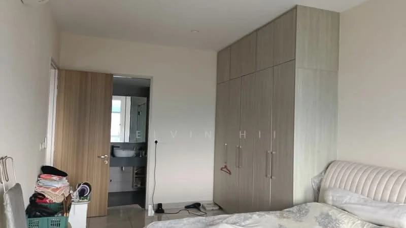 Bedroom features: light-colored painted walls, tile flooring, built-in wardrobe with sliding doors, queen-size bed with upholstered headboard, bedside table, mirror on wall, door leading to bathroom, window with natural light; style: modern.