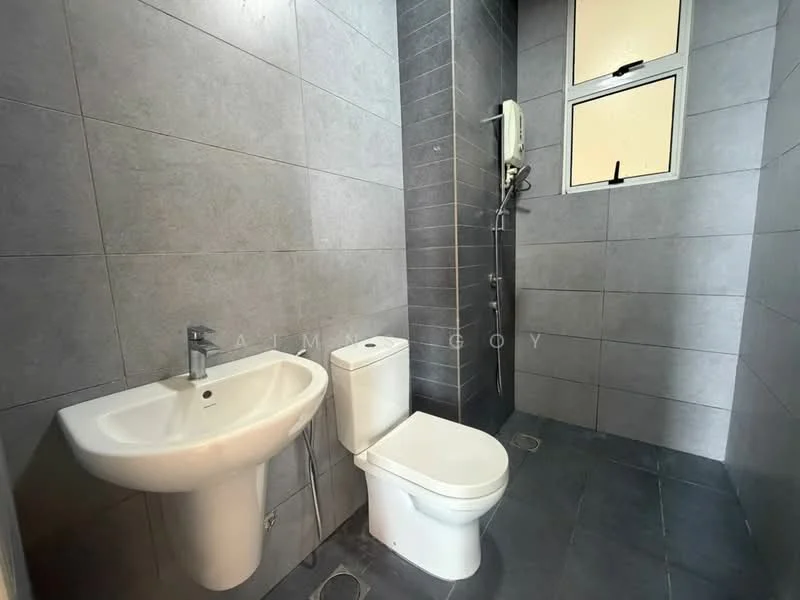Bathroom features: grey tile cladding on walls, dark grey tile flooring, single-sink vanity with white basin, chrome basin mixer faucet, one-piece toilet, handheld shower, shower head mounted on wall, window with clear glass, wall-mounted water heater; style: modern.