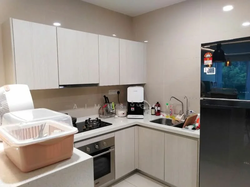 Kitchen features: light wood cabinetry, white countertop, stainless-steel gas hob, built-in oven, stainless-steel sink, chrome pull-down faucet, refrigerator, kitchen utensils, dish soap, countertop storage container, wall-mounted cabinets, tile backsplash, under-cabinet lighting; style: modern.