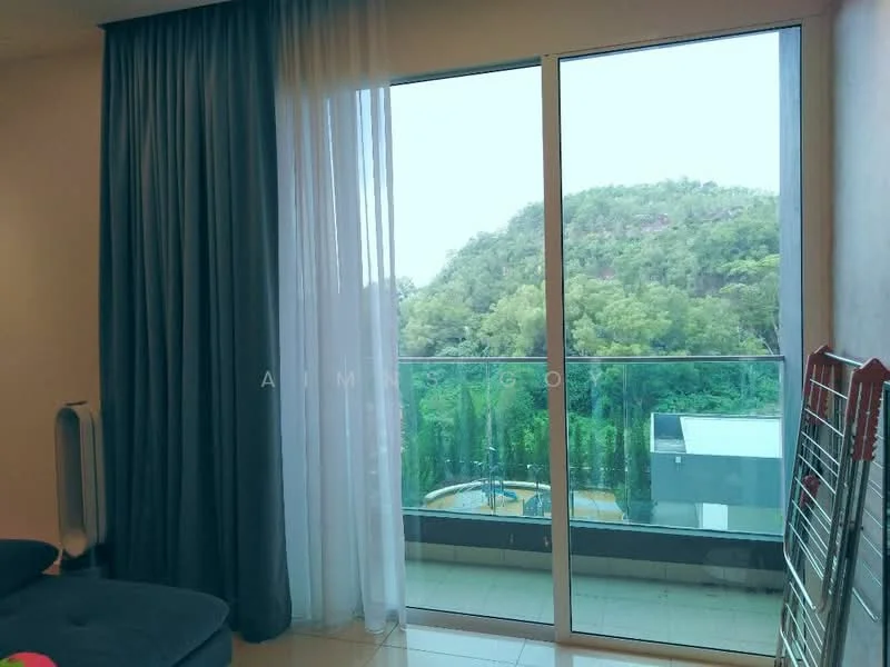 Room features: floor-to-ceiling windows, sliding glass door, sheer curtains, blackout curtains, tile flooring, mountain view, balcony access; style: modern; view: mountain.
