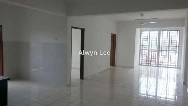 Room features: white painted walls, glossy white floor tiles, ceiling fan, large windows with grid pattern, natural light, open layout, doorways leading to other rooms; style: modern.