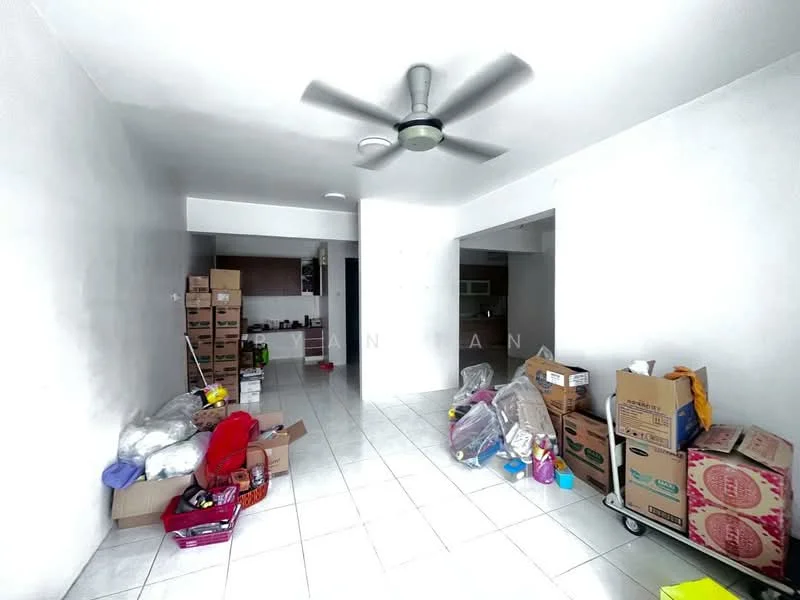 Room features: white painted walls, ceramic tile flooring, 5-blade ceiling fan, multiple cardboard boxes, various plastic containers, cleaning supplies, shopping bags, open layout.