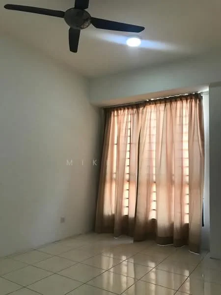 Room features: white painted walls, cream curtains, ceiling fan, recessed lighting, glossy tile flooring.