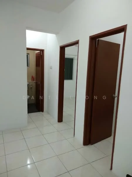 Room features: white painted walls, glossy white tile flooring, brown wooden doors, window with white frame, light switch, door frames, neutral color scheme, no visible furniture; style: modern.