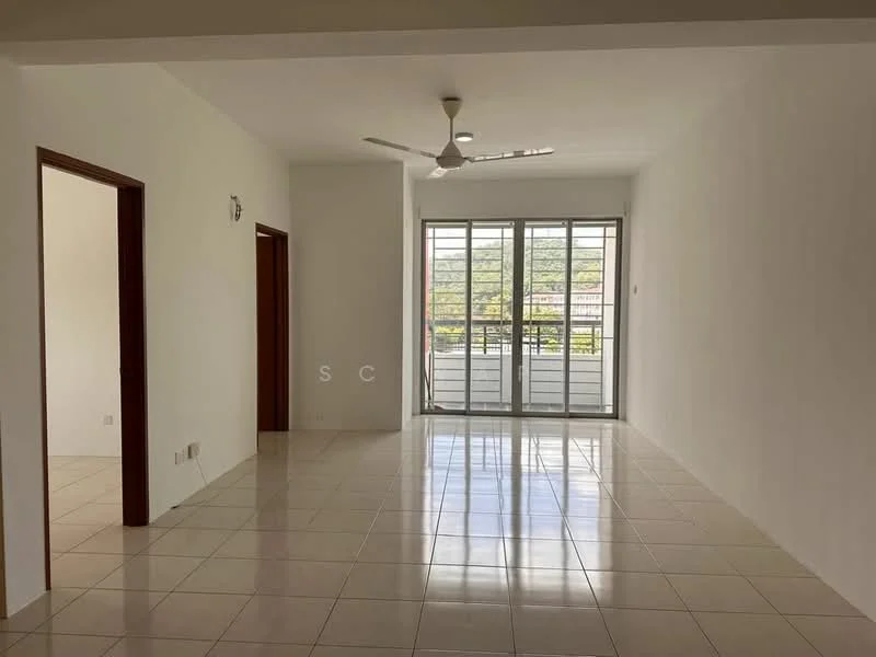 Living features: white painted walls, glossy ceramic tile flooring, 5-blade ceiling fan with light, floor-to-ceiling sliding glass door, balcony access, natural light from windows, neutral color scheme, open layout; style: modern; view: garden. Room features: white painted walls, glossy ceramic tile flooring, doorway leading to another room.