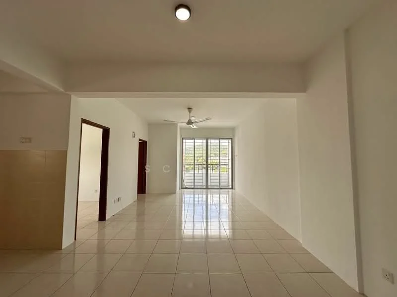 Living features: white painted walls, glossy ceramic tile flooring, 5-blade ceiling fan with light, floor-to-ceiling windows, sliding glass door, natural light, open layout, neutral color scheme; style: modern; view: garden.