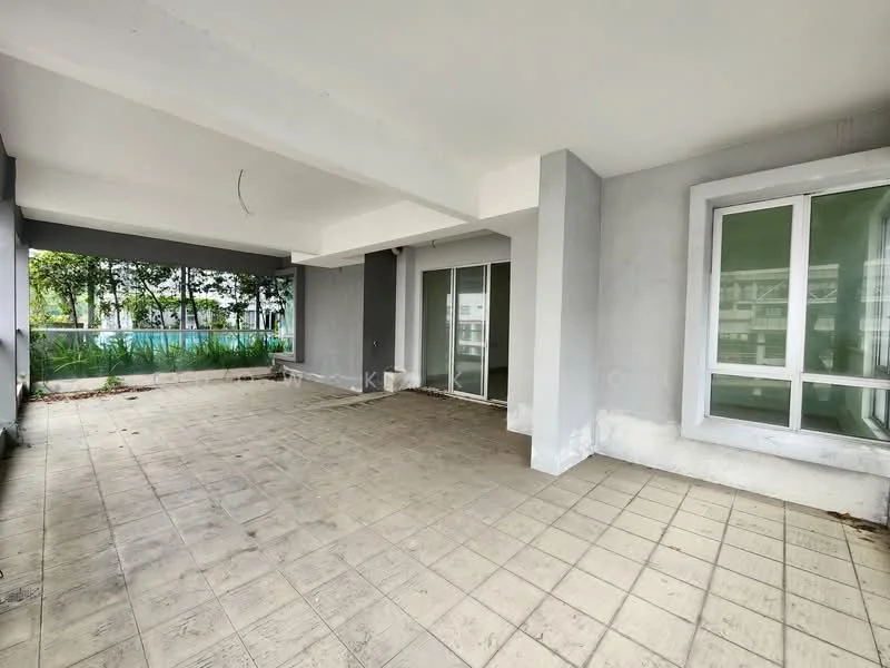 Room features: concrete flooring, grey painted walls, exposed ceiling, large sliding glass door, floor-to-ceiling windows, outdoor view of greenery; style: modern; view: garden.