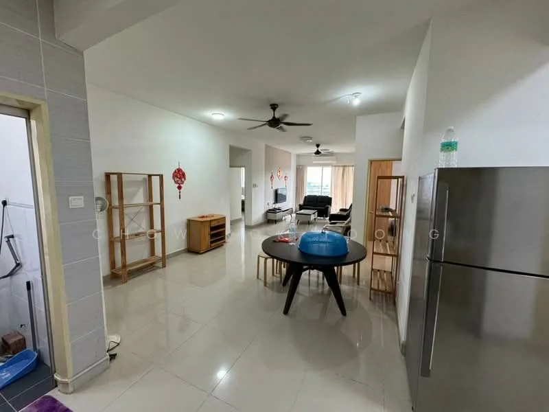 Living features: white painted walls, glossy tile flooring, 5-blade ceiling fan with light, sofa in black, coffee table, TV console, wall-mounted TV, dining table with chairs, open layout, large windows with natural light; style: modern. Room features: refrigerator, wooden shelving unit, decorative wall art.