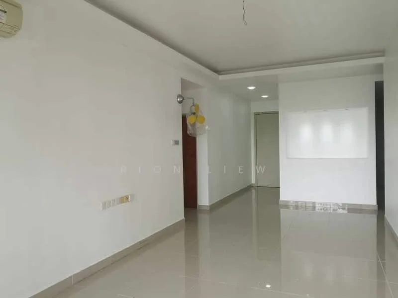 Room features: white painted walls, polished ceramic tile flooring, ceiling with recessed downlights, wall-mounted split AC, doorway leading to another room, light switch, empty wall space for decor or furniture; style: modern.