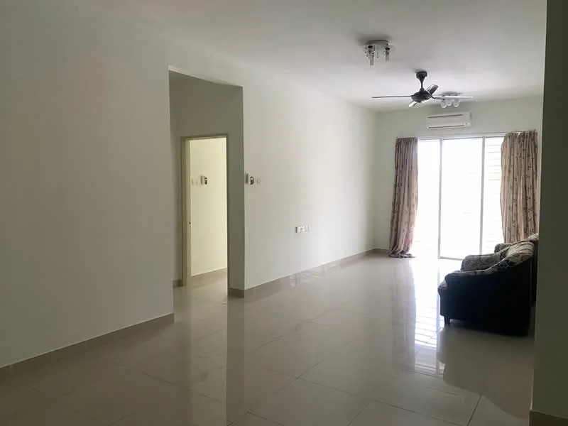Living features: white painted walls, glossy ceramic tile flooring, 5-blade ceiling fan with light, sliding glass door, sheer curtains, sofa in dark fabric, air conditioning unit, natural light from windows; style: modern. Room features: white painted walls, glossy ceramic tile flooring, doorway leading to another room.