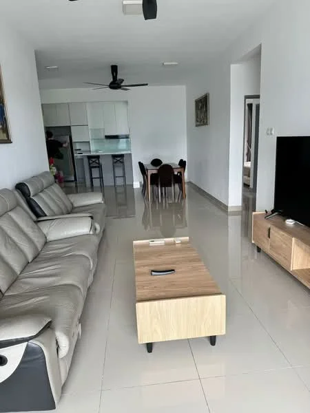 Living features: 3-seater leather sofa in light grey, coffee table with wooden surface and black legs, wall-mounted TV, TV console in light wood, floor-to-ceiling windows, recessed downlights, polished ceramic tile flooring, ceiling fan with light, decorative artwork on wall; style: modern. Dining features: 6-seater dining table in dark wood, upholstered dining chairs, open kitchen area with bar stools, kitchen cabinetry in white, countertop in light colour; style: modern.
