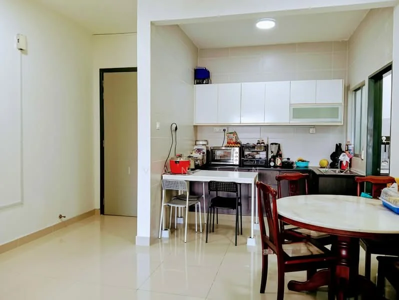 Kitchen features: white cabinetry with upper cabinets, stainless-steel sink, chrome pull-down faucet, built-in stove, microwave, toaster, kettle, countertop with space for appliances, tile backsplash, open shelving, dining table with round marble top, wooden dining chairs, bar stools, cream painted walls, glossy tile flooring; style: modern.