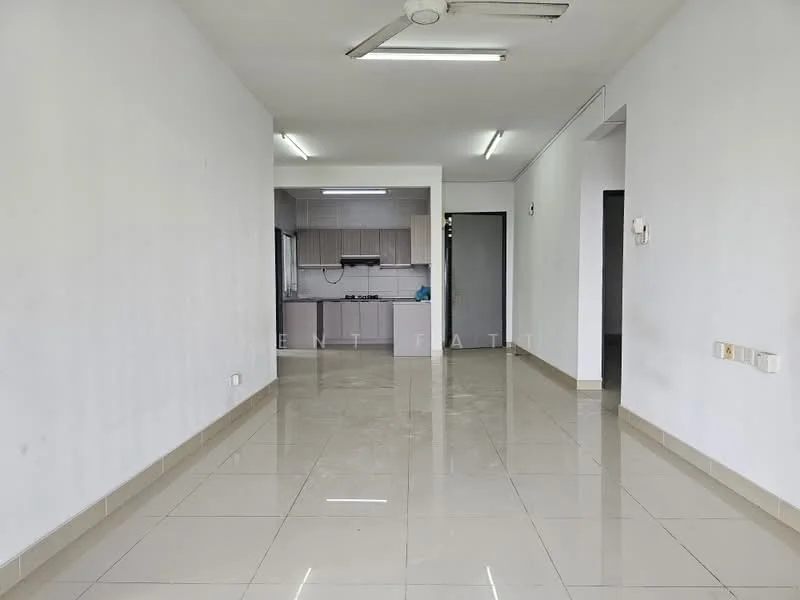 Living features: white painted walls, polished ceramic tile flooring, ceiling with fluorescent lights, ceiling fan, open layout, large windows, neutral color scheme; style: modern. Kitchen features: kitchen cabinetry, countertop, sink, stainless-steel appliances, open to living area; style: modern.