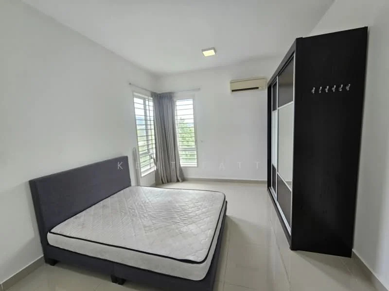 Bedroom features: white painted walls, tile flooring, sliding mirror wardrobe, window with sheer curtains, 1 wall-mounted split AC, ceiling light, queen-size bed frame without mattress, decorative wall hooks; style: modern; view: garden.