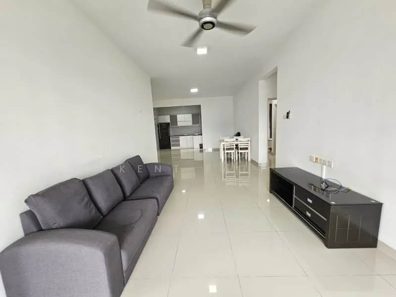 Living features: grey fabric 3-seater sofa, flat-screen TV on black TV console, white walls, glossy white tile flooring, ceiling fan, recessed ceiling lights, dining area with white dining table and chairs in background, open layout to kitchen, large windows for natural light; style: modern.