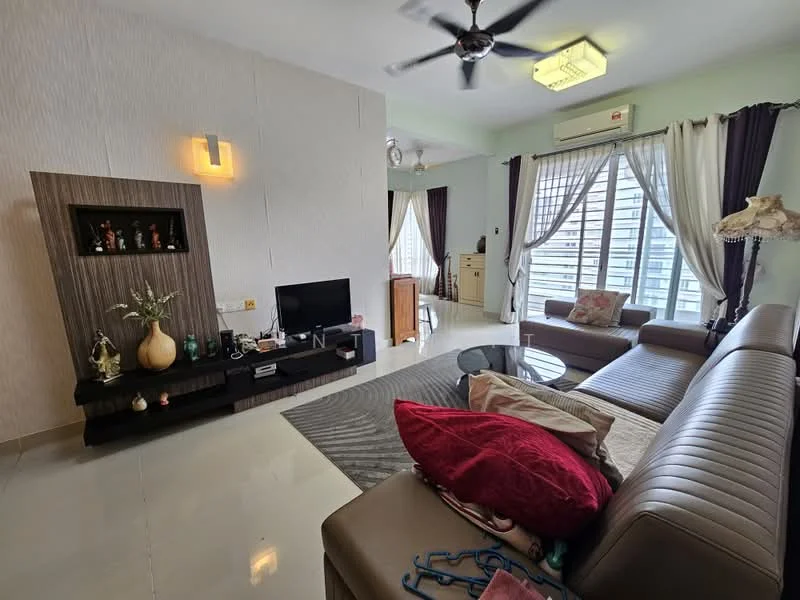 Living features: 3-seater leather sofa, coffee table, TV console, wall-mounted TV, area rug with geometric pattern, floor-to-ceiling windows, sheer curtains, ceiling fan with light, decorative lamp, wall-mounted shelf with decor items, light-colored walls, polished tile flooring; style: modern; view: city.