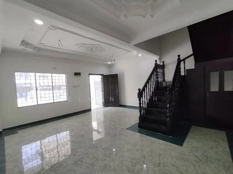 Room features: marble flooring, white painted walls, decorative ceiling with intricate design, staircase with wooden railing, large windows with grid pattern, dark wood front door, green accent trim on flooring, recessed lighting; style: modern.