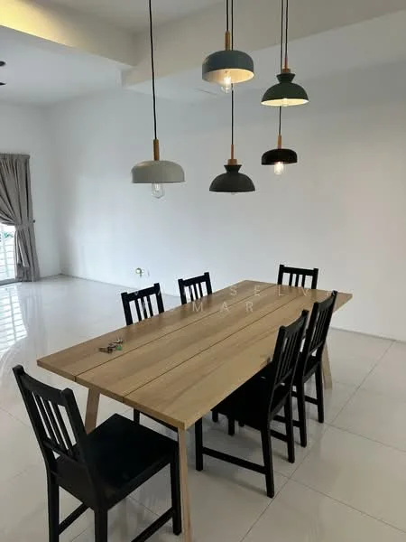 Dining features: rectangular wooden dining table, 6 black dining chairs, pendant lights with green and grey shades, white painted walls, glossy white tile flooring, floor-to-ceiling window with sheer curtains; style: modern.