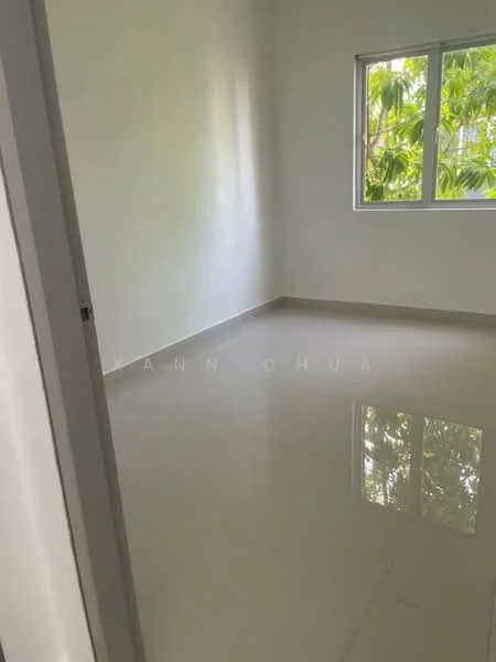 Room features: white painted walls, glossy ceramic tile flooring, floor-to-ceiling window, natural light from window, view of greenery outside; view: garden.