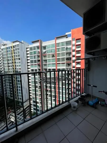 Room features: balcony with railing, tiled flooring, view of neighboring buildings, outdoor air conditioning units, clothes drying rack, blue bucket, white container; view: city.