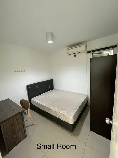 Bedroom features: queen-size bed, upholstered headboard, wooden desk, wooden chair, floor-to-ceiling window, white painted walls, tile flooring, 1 wall-mounted split AC, light fixture on ceiling, built-in wardrobe; style: modern.