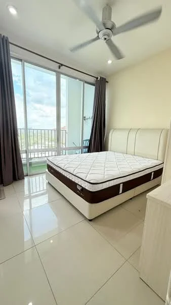 Bedroom features: queen-size bed, upholstered headboard, floor-to-ceiling windows, sliding glass door, curtains, ceiling fan, white painted walls, glossy tile flooring, balcony access, built-in wardrobe; style: modern; view: city.