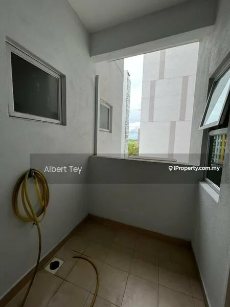 Room features: white painted walls, tile flooring, two small windows, drainage outlet, hose reel.