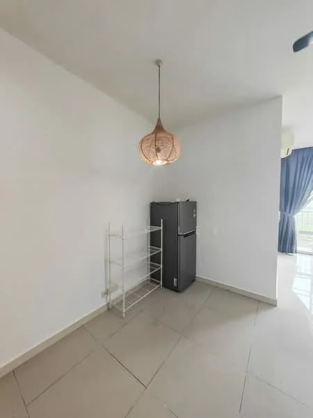 Room features: white painted walls, tile flooring, hanging pendant light, refrigerator, open shelving unit, floor-to-ceiling windows with curtains.