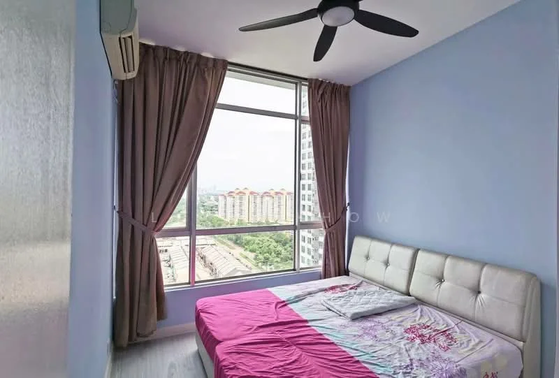Bedroom features: king-size bed with upholstered headboard, floor-to-ceiling windows, curtains in brown, light blue painted walls, wooden flooring, 5-blade ceiling fan, air conditioning unit, decorative throw pillows; style: modern; view: city.