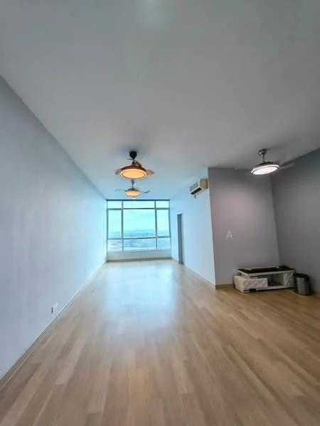 Room features: light wood flooring, white painted walls, 2 ceiling fans, large floor-to-ceiling windows, natural light, minimalist design, air conditioning unit, open layout; style: modern; view: city.