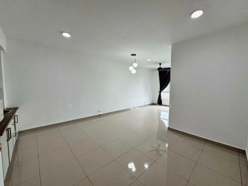 Living features: white painted walls, glossy ceramic tile flooring, recessed downlights, pendant light fixture with multiple bulbs, floor-to-ceiling window, blackout curtains, open layout, no visible furniture; style: modern; view: city.