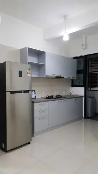 Kitchen features: stainless-steel fridge, built-in oven, 4-burner gas hob, grey cabinetry, white countertop, single-bowl stainless-steel sink, wall-mounted cabinets, pendant light, ceramic tile flooring, neutral wall colour, window with black grille; style: modern.