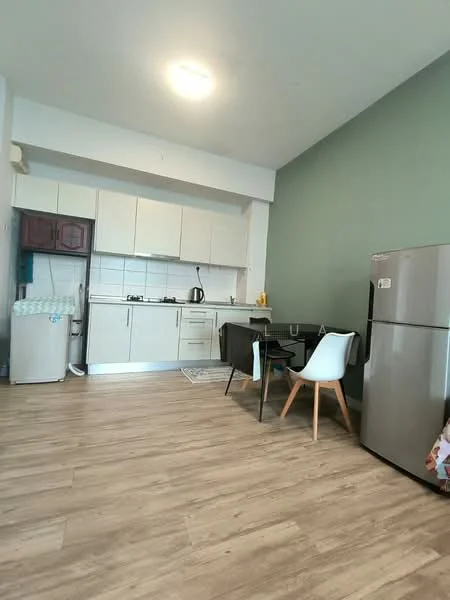 Kitchen features: white cabinetry, grey countertop, stainless-steel sink, chrome pull-down faucet, built-in gas hob, built-in oven, refrigerator, white tiled backsplash, wooden flooring, dining table, white chair, kettle, dish rack; style: modern.