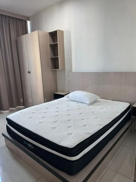 Bedroom features: queen-size bed, mattress with white cover, wooden bed frame, light wood wardrobe with shelves, light wood bedside table, cream painted walls, floor-to-ceiling window with sheer curtains, tile flooring, decorative wall panel behind bed; style: modern.